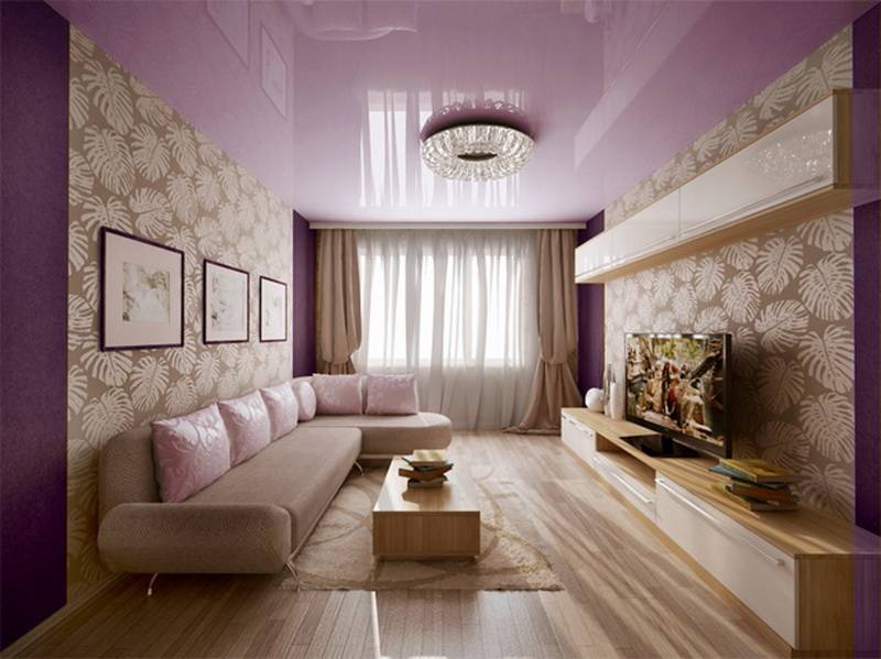 Фиолетовый глянцевый потолок для гостиной